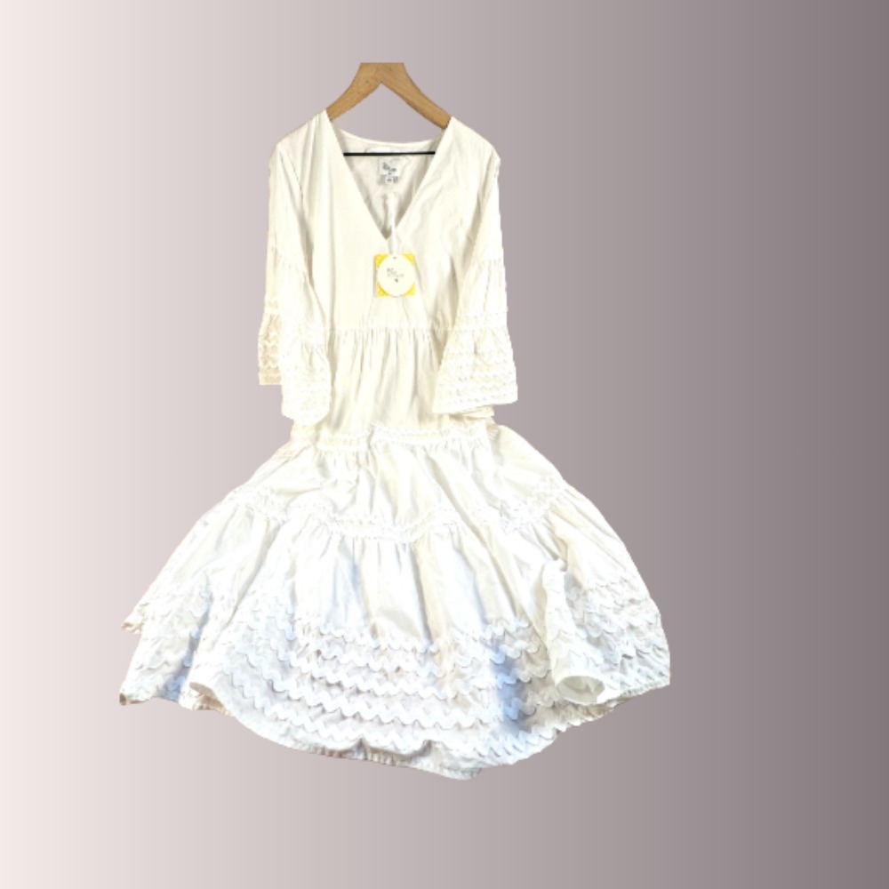 Lisa Marie Fernandez White Dress Ric Rac Tiered V-Neck Cotton Large NWT